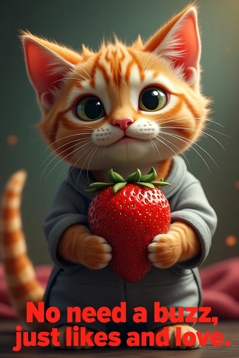 cat dragon hold strawberry. movie poster text "No need a buzz, just likes and love" big strawberry letters in bottom