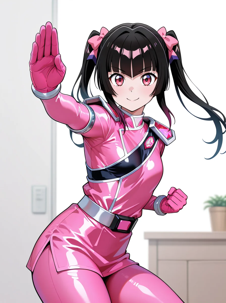 masterpiece, best quality, amazing quality, very aesthetic, absurdres, newest, anime screenshot, anime coloring, simple background, white background, looking at viewer,
<lora:KiramaiPink:1>kiramaipink, solo, 1girl, pink bodysuit, bodysuit, belt, tokusatsu, , gloves, pink gloves indoors standing, red_eyes thick thighs, tsukuyomi shirabe, twintails, fighting stance, smile,