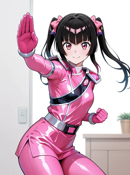 masterpiece, best quality, amazing quality, very aesthetic, absurdres, newest, anime screenshot, anime coloring, simple background, white background, looking at viewer,
<lora:KiramaiPink:1>kiramaipink, solo, 1girl, pink bodysuit, bodysuit, belt, tokusatsu, , gloves, pink gloves indoors standing, red_eyes thick thighs, tsukuyomi shirabe, twintails, fighting stance, smile,