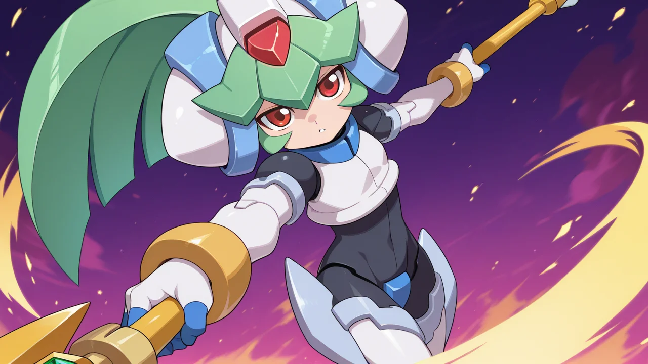 solo, dynamic camera, incoming attack, fighting stance, battle,, masterpiece, best quality, amazing quality, very aesthetic, absurdres, newest, anime screencap, <lora:pandoraILM:1.4>, pandora (mega man), yabe makoto, mega man zx, model w (mega man), android, bangs, red eyes, long hair, very long hair, green hair, white helmet, headwear, forehead jewel, white armor, robot ears, small breasts, joints, bracelet, white gloves, bodysuit, crop top, covered navel, armor, power armor, crotch plate, holding weapon, holding polearm, holding staff, energy,
