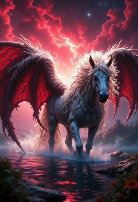 hybrid demonic white horse, voluminous wings, on mystical lake shore, fractal smoke, hyper-detailed sky milky way background, stardust, surrealism, mysticism, fantasy, glitter and shining eyes, filigree drawing, depth of field, floral botanical, quantum rendering, masterpiece, ultra realistic, professional photo, aidmaimageupgrader