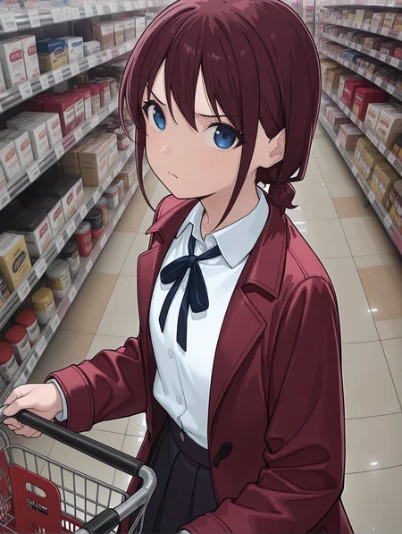 masterpiece,best quality,newest,
1girl,solo,
<lora:NINA_ISERI_ilxl_v1.1:1>,nina_iseri,red coat,long sleeves,neck ribbon,white collared shirt,black pleated skirt,
<lora:Fixhands_anime_bdsqlsz_V1:1>,<lora:shop_00_ilxl_v1.0:1>,shop_00,s_cart,shopping cart,from_side,upper_body,looking_at_viewer,kubrick_stare,disgust,