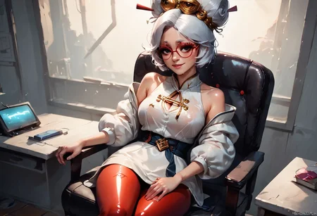 score_9, score_8_up, score_7_up, pinup girl pose, Expressiveh, volumetric lighting, mood lighting, cinematic lighting, dark cinematography, semi-realistic, view from above, whole body, red-framed eyewear, hair ornament, white hair, smirking, purah, sweaty, wet and shiny skin, red leggings, fully-clothed, hyper-realistic wet skin, sitting on chair, legs crossed, leaning back, in laboratory
BREAK, very high angle