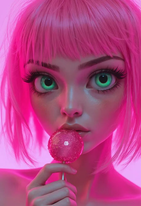 photorealistic, A close-up of a female character with vibrant pink hair, a striking green eye, and rosy cheeks. She holds a pink lollipop with a sparkly texture near her lips. The background is a soft pink hue,
perfect eyes , skin blemish, detailed skin <lora:Flux\FLUX_polyhedron_all_1300.safetensors:0.9>,