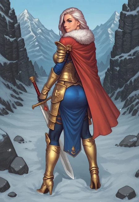 1girl, ((back view))), looking at viewer, highly detailed, from front, 1girl, highly detailed, skinny, looking at viewer, 1girl, masterpiece, best quality,
raw, masterpiece, extremely detailed, hyperrealism, photo, perfect anatomy, magnificent young warrior, full body, dramatic lighting, shadow play, romantic, heroism, epic, determination, proud, eternal beauty, detailed face, very long hair, very dark brown hair, beautiful blue eyes, battlefield background, massive plate armor, masculine body, muscular, heavy arms armor, red cape, fur collar, sword, BREAK
slight smile, looking at viewer, fur coat, dynamic pose,
BREAK
long hair, silver hair, hair over one eye, blue eye, big hair, dynamic pose
BREAK
best quality, depth of field, bokeh, (((full clothed))), ((ready to fight, holdind big sword in hands, big two-handed sword in hands)), highlander
BREAK
(((((snow, stones, mountains))))) score_9, score_8_up, score_7_up, score_6_up, source_cartoon, rating_explicit, Expressiveh, (((((full body))))), dynamic pose