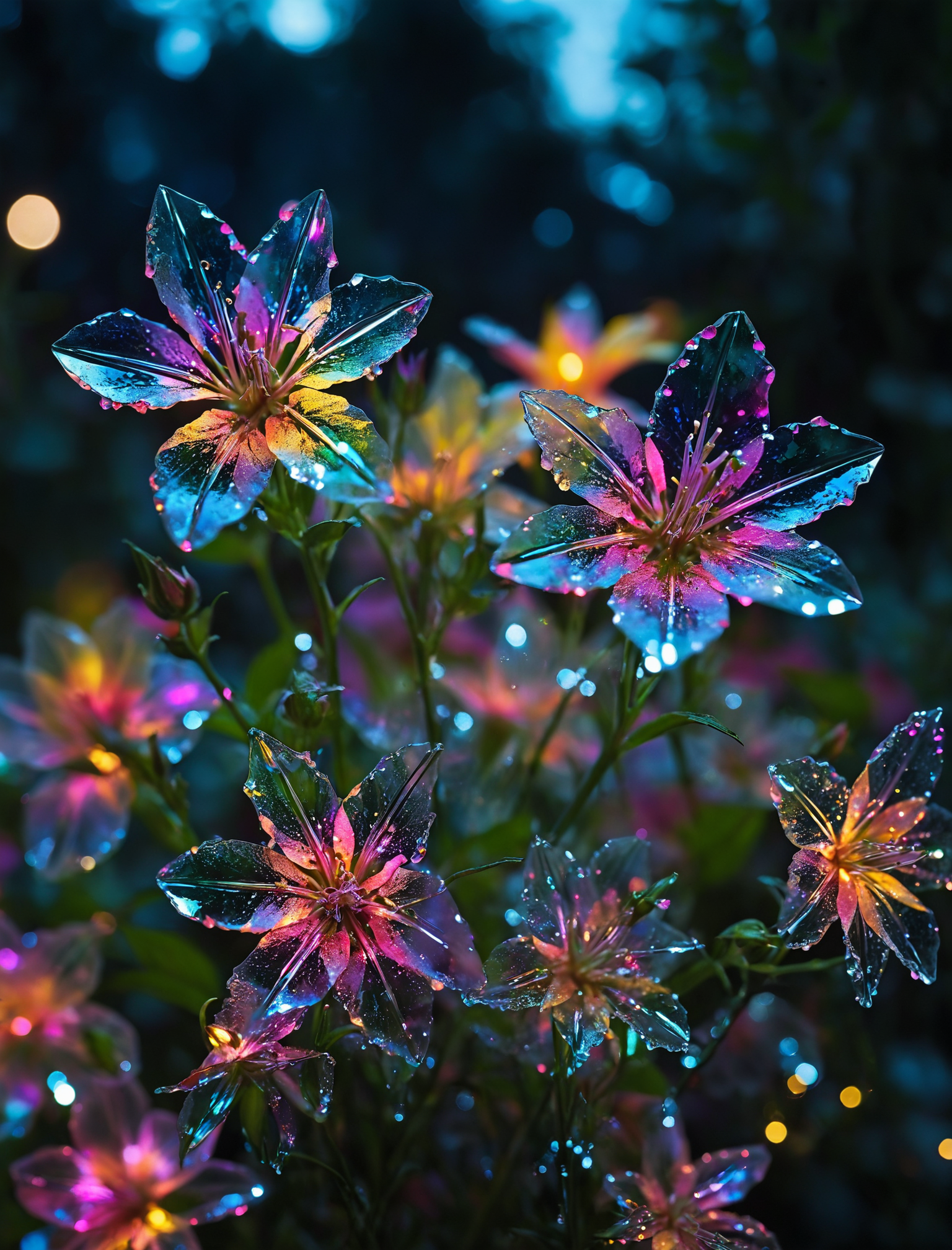epiCPhoto,
The Starlight Prism Blossom is renowned for its prism-like petals. Each flower consists of multiple transparent geometric facets that refract and reflect the surrounding light, forming dazzling rainbow-colored beams. At the center of each flower is a small light source that changes colors continuously, adding to the flower's enchanting charm. The stems are composed of transparent tubular structures, filled with fluorescent liquid that shimmers with the plant's movements. At night, these flowers resemble twinkling stars, illuminating the entire garden and creating a dreamy atmosphere.