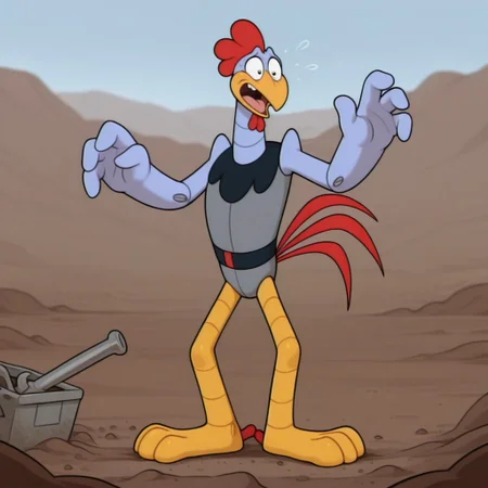 masterpiece, best quality, amazing quality, scr4tchson1c, male, furry male, solo, robotic, chicken, silver body, two-tone body, yellow beak, black eyes, wing-like arms, yellow legs, tailfeathers, 2 toes, screws, black collar, black belt, standing, scared, outdoors, dirt,