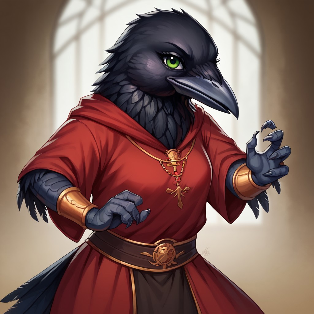 (((detailed, beautiful, high quality))), score_9, score_8_up, score_7_up, ((solo)), dynamic pose, fighting pose,
kenku, anthro bird, anthro crow, plumage,
1 girl, female focus, green eyes, red robe, gold jewelry,
looking at viewer, looking to the right, posing,
fantasy background, blurred background,