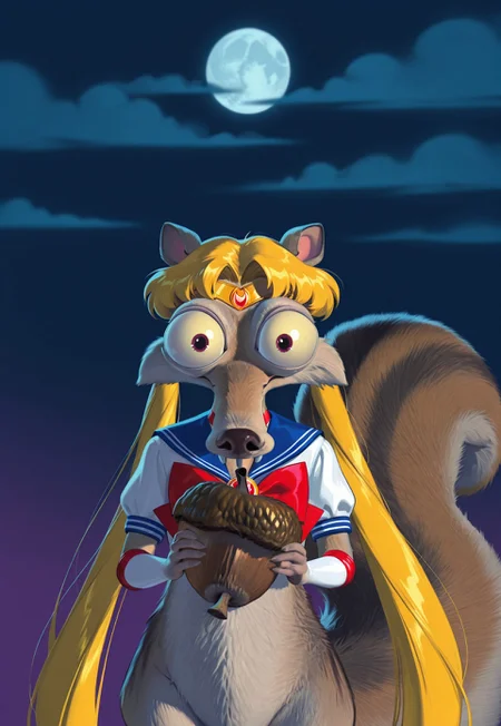 Masterpiece, best quality, absurdres, newest, highly detailed, 8k, animal, animal focus, Squirrel, Scrat, (long snout:1.3), bushy tail, bulging eyes, striped tail, Sailor moon hair, blonde hair, long twin tails, bangs, sailor moon clothes, moon in background, holding acorn, (no humans:1.3)