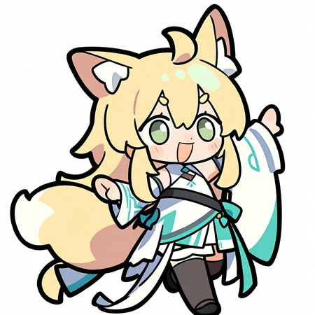 1girl, 
solo, simple background, white background, chibi, full body, pose, :d, white dress, fox girl, long hair, standing, blush stickers, dress, animal ears, thighhighs, looking at viewer, black footwear, animal ear fluff, fox ears, wide sleeves, white sleeves, green eyes, ahoge, hair between eyes, blonde hair, standing on one leg, thick eyebrows, open mouth, bare shoulders, black thighhighs, tail, sidelocks, short eyebrows, fox tail, smile, detached sleeves,
masterpiece, best quality, very aesthetic, newest, absurdres, incredibly absurdres
 <lora:luodedaonoob-000006:1>