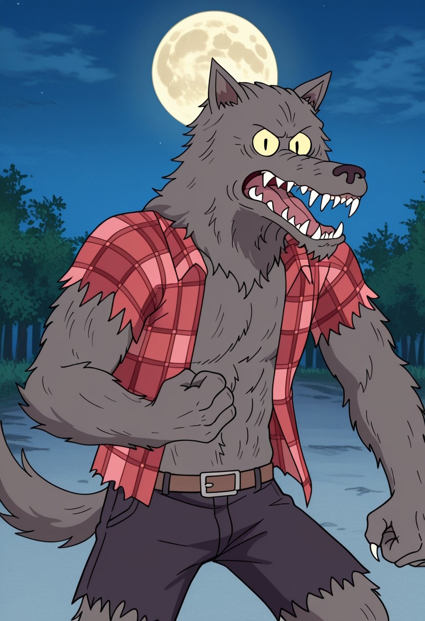 score_9_up, score_8_up, score_7_up, detailed, high quality, masterpiece, best quality, amazing quality, solo, male, anthro, w0lfhard, werewolf, grey fur, dark brown nose, yellow sclera, slit pupils, sharp teeth, claws, tail, open torn red plaid shirt, brown belt, torn purple-grey short pants, closeup, standing, looking at viewer, snarling, one raised hand, one arm down, clenched fist, outdoors, fields, full moon.