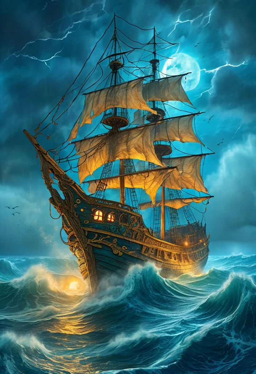 (a drawing of a ghost ship in a stylized design, torn sails, skull figurehead), (Ocean, crashing waves, night sky, mist:1.4, storm:1.3, lightning:1.3, blue moon:1.2), (extremely detailed, high detail, hires textures, incredibly detailed, intricate details, masterpiece, colorful comic, murals)