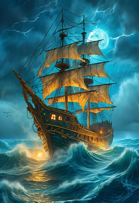 (a drawing of a ghost ship in a stylized design, torn sails, skull figurehead), (Ocean, crashing waves, night sky, mist:1.4, storm:1.3, lightning:1.3, blue moon:1.2), (extremely detailed, high detail, hires textures, incredibly detailed, intricate details, masterpiece, colorful comic, murals)