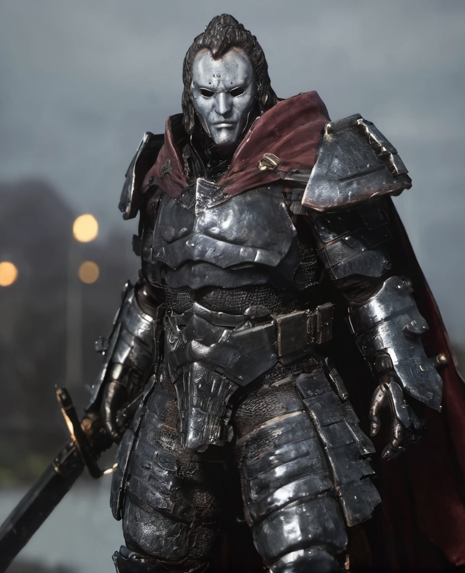 bleakfaith,a living statue in a cape and in armor with mask,holding a weapon,science fiction,highly detailed, sharp definition ,cinematic,50nm dof,bokeh,realistic,sharp focus,ultra detailed,128k uhd,awardwinning,trending on artstation, <lora:bleakfaith-000004:1>, <lora:add-detail-xl:2>