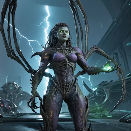 science fiction battle field, Kerrigan fighting agains a Zariman Warframe, futuristic style
BREAK
Kerrigan_Zerg, Alien woman, beautiful detailed face, glowing green eyes, bone wings, claw hands, green sparkling, green energy, lightning
BREAK
Zariman Warframe, strong mail alien, muscles, claws
BREAK
score_9, score_8_up, score_7_up, score_6_up, score_5_up, score_4_up, source_anime
 <lora:Zariman_PONY:0.75> <lora:Kerrigan_Zerg:0.75>