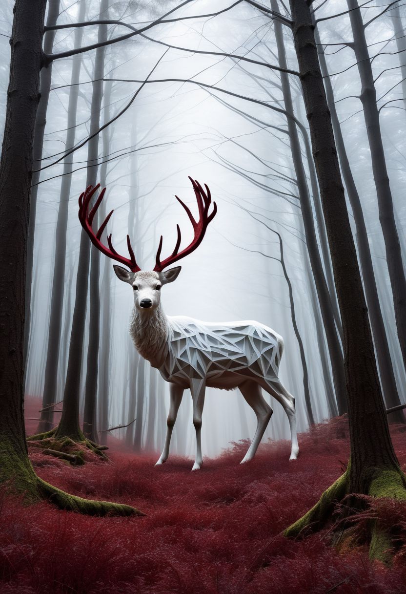 layered papercut, mysterious magestic white deer, on a papercut forrest floor trail, papercut deer with big antlers, fading backlit background, (svannah fading white/ to deep red), by Minjae Lee, Carne Griffiths, Emily Kell, Steve McCurry, Geoffroy Thoorens, Aaron Horkey, Jordan Grimmer, Greg Rutkowski, amazing depth, double exposure, surreal, geometric patterns, intricately detailed, bokeh,  perfect balanced, deep fine borders, artistic photorealism , smooth,  great masterwork by Suiras  <lora:add-detail-xl:2>  <lora:Double_Exposure:0.5>