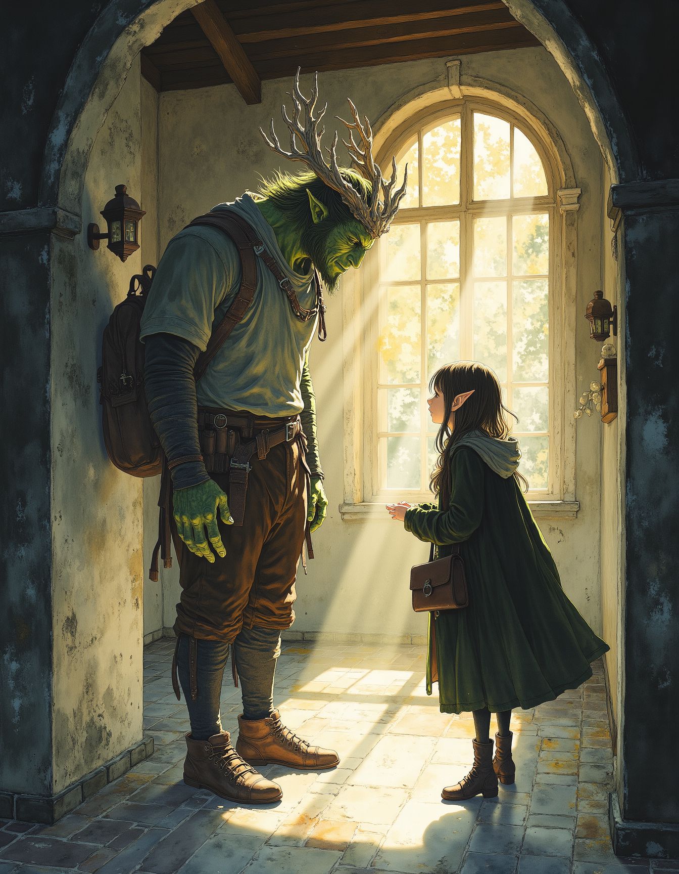 Studio Ghibli Dark Fairytale, tall, muscular orc student in casual college attire stands in friendly conversation with a petite female elven student. They're bathed in warm sunlight streaming through the hallway windows, creating a welcoming atmosphere in the modern college setting. The contrast between the orc's imposing build and the elf's delicate frame makes their comfortable interaction all the more striking. elaborate details, (2/3 rule composition:0.5), ultra detailed, romantic. <lora:Dark_Ghibli:1>