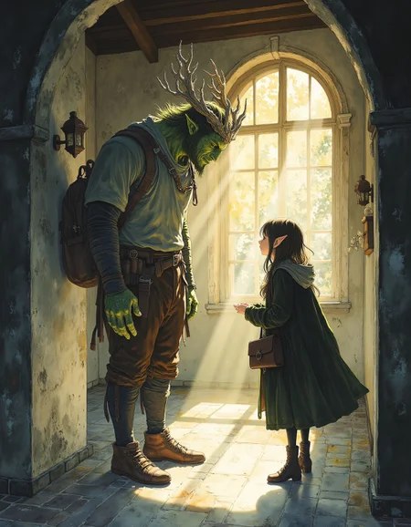 Studio Ghibli Dark Fairytale, tall, muscular orc student in casual college attire stands in friendly conversation with a petite female elven student. They're bathed in warm sunlight streaming through the hallway windows, creating a welcoming atmosphere in the modern college setting. The contrast between the orc's imposing build and the elf's delicate frame makes their comfortable interaction all the more striking. elaborate details, (2/3 rule composition:0.5), ultra detailed, romantic. <lora:Dark_Ghibli:1>