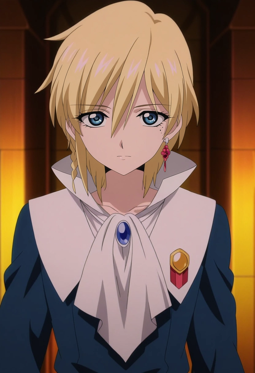 masterpiece, best quality, intricate details, anime screencap, anime coloring, official style, looking at viewer, 1boy, solo, male focus, <lora:titus_alexius_ilxl:0.98>, titus_alexius, blonde hair, blue eyes, short hair, braid, mole, mole under eye, earrings, ,