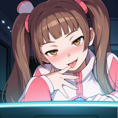 masterpiece, best quality, screencap, best hands, <lora:Amy_-_Bakuretsu_Tenshi_Burst_Angel:1> Amy-Illustrious, long twintails, long hair, brown hair, ((perfect eyes, brown eyes)), blunt bangs, flat chest, yellow eyes,  
(indoors, RGB lights, monitors, computer), ((1girl, solo)), little girl,
looking at viewer, ((head tilt, head down)), smug, smug face, open mouth, tongue, licking finger, finger on mouth, saliva string, blushing, frontal view, front view, from side,