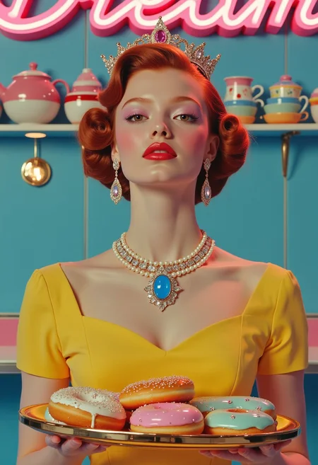 A surreal dreamy low saturation, soft focus, medium shot with a vintage aesthetic of a 20 years old very pretty woman with sweet smile, wavy red hair styled in a 1950s-inspired bouffant, wearing a jeweled crown with opalescent gems, crystal drop earrings with shimmering detail, a multi-strand pearl necklace with a large opalescent blue gem pendant, and a yellow dress with subtle, embedded sequins. (many donuts an teacups levitating in hair everywhere:1.4).
She is holding a gold tray with an assortment of pastel-glazed donuts embedded with diamond reflective glitter and rhinestones with surrealism.
The background is a brightly lit 1950s diner setting with a baby blue tiled backsplash, a pink neon sign reading "Dream" a shelf with colorful cups. The overall color palette consists of a soft blend of bubblegum pink, baby blue, butter yellow, and mint green, accented with metallic gold, rose gold, silver, and a slight iridescence. The scene utilizes soft, diffused lighting with spotlights creating gentle highlights on the jewelry, the crown, and the (emphasising on floating donuts and tea cups around),
lorenastyle,retro futuristic clothing style