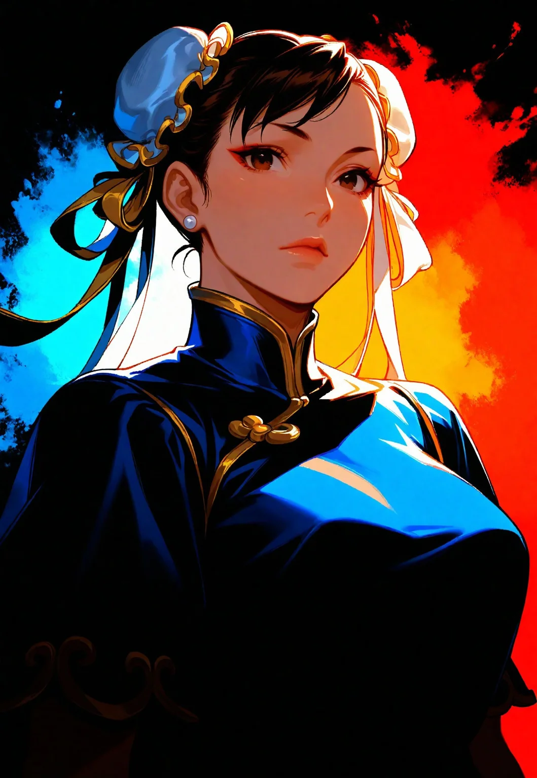 1girl, chun li,  solo, dark,  masterpiece, best quality, very aesthetic,  upper body,  multicolored background