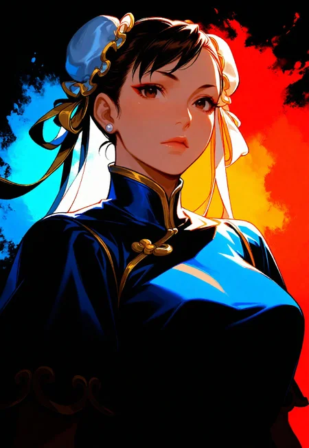 1girl, chun li,  solo, dark,  masterpiece, best quality, very aesthetic,  upper body,  multicolored background