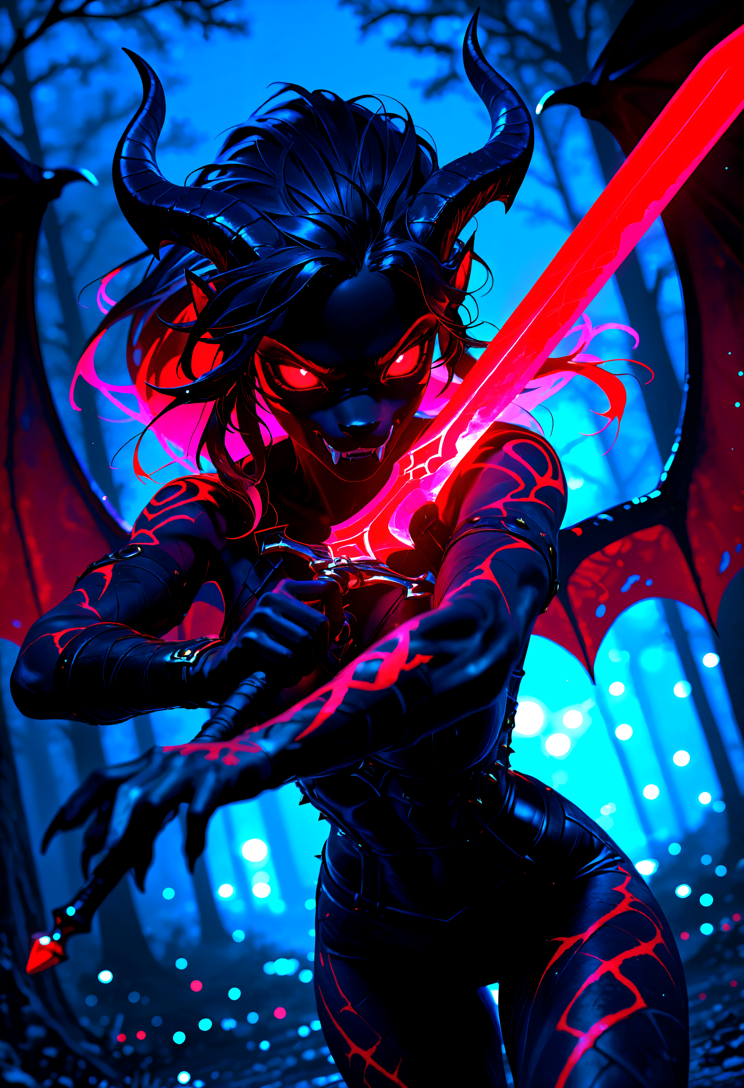 fantasy, dark theme, demonic, warrior woman, 1girl, anthro, horns, bat wings, claws, fangs, glowing red eyes, long wild hair, dark skin, muscular, ,Rapscallionstyle, detailed, tfaix, 8k, (masterpiece, blurry, bokeh, best quality, film_grain, highly detailed, high-resolution, detailed texture, absurdres, 3D illustration, best quality, amazing quality, very aesthetic, absurdres, newest, scenery, volumetric lighting, HDR, chiaroscuro, vignetting, dutch angle, depth of field))
,powerful pose, sword in hand, battle stance, intense expression, dark background, close-up, cowboy_shot, from below, dutch_angle, outdoors,
BREAK, beautiful detailed eyes, detailed skin, detailed hair, dappled light, light particles, dramatic shadows, cinematic lighting, depth of field,,