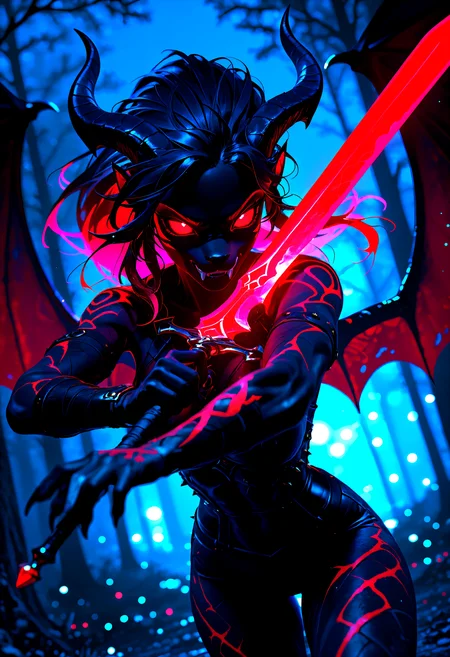 fantasy, dark theme, demonic, warrior woman, 1girl, anthro, horns, bat wings, claws, fangs, glowing red eyes, long wild hair, dark skin, muscular, ,Rapscallionstyle, detailed, tfaix, 8k, (masterpiece, blurry, bokeh, best quality, film_grain, highly detailed, high-resolution, detailed texture, absurdres, 3D illustration, best quality, amazing quality, very aesthetic, absurdres, newest, scenery, volumetric lighting, HDR, chiaroscuro, vignetting, dutch angle, depth of field))
,powerful pose, sword in hand, battle stance, intense expression, dark background, close-up, cowboy_shot, from below, dutch_angle, outdoors,
BREAK, beautiful detailed eyes, detailed skin, detailed hair, dappled light, light particles, dramatic shadows, cinematic lighting, depth of field,,