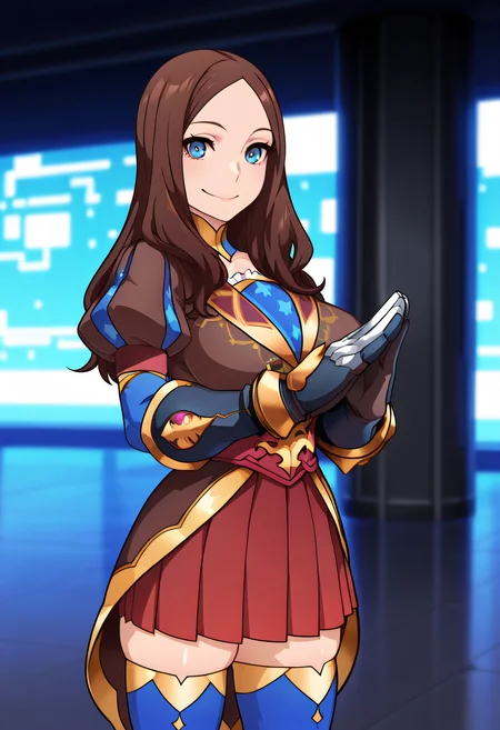 masterpiece, best quality, amazing quality, very aesthetic, absurdres,
1girl, solo,
long hair, parted bangs, forehead, brown hair, blue eyes, detached collar, multicolored dress, puff and slash sleeves, elbow gloves, gauntlets, pleated skirt, red skirt, blue thighhighs,
Standing, smile, looking at viewer, v hands,
White scifi background,