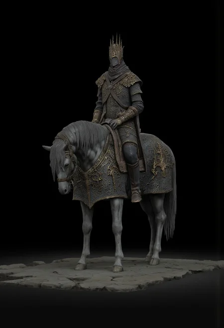 non human Obscure medieval military armored horse without a rider
Standing on a flat ground
Set against a solid dark black color background to emphasize its unsettling unnatural form that emphasizes its silhouette. The medium is not a traditional painting or illustrative medium like watercolor or ink but rather a digital 3D rendering.
MikeFranchinastyle, bbstyle,, horror theme,, ZBClay model of a gray sculpture, zbrush, d4arks0uls