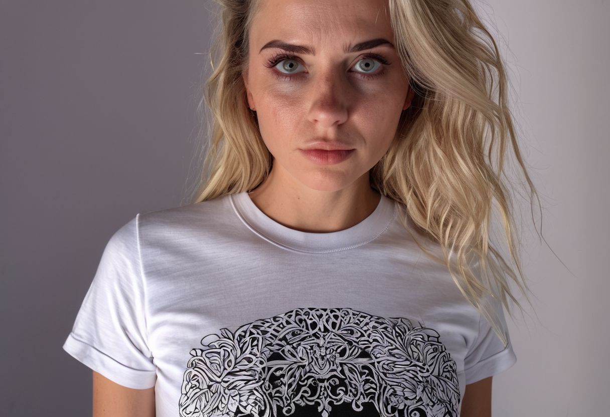 8k, RAW photo, highest quality), beautiful (white skin woman), close up, dress, (detailed eyes:0., (looking at the camera:1.4), (high-resolution image), (best shadow) , skin textures, intricate details wear t shirt and pant standing hair blond