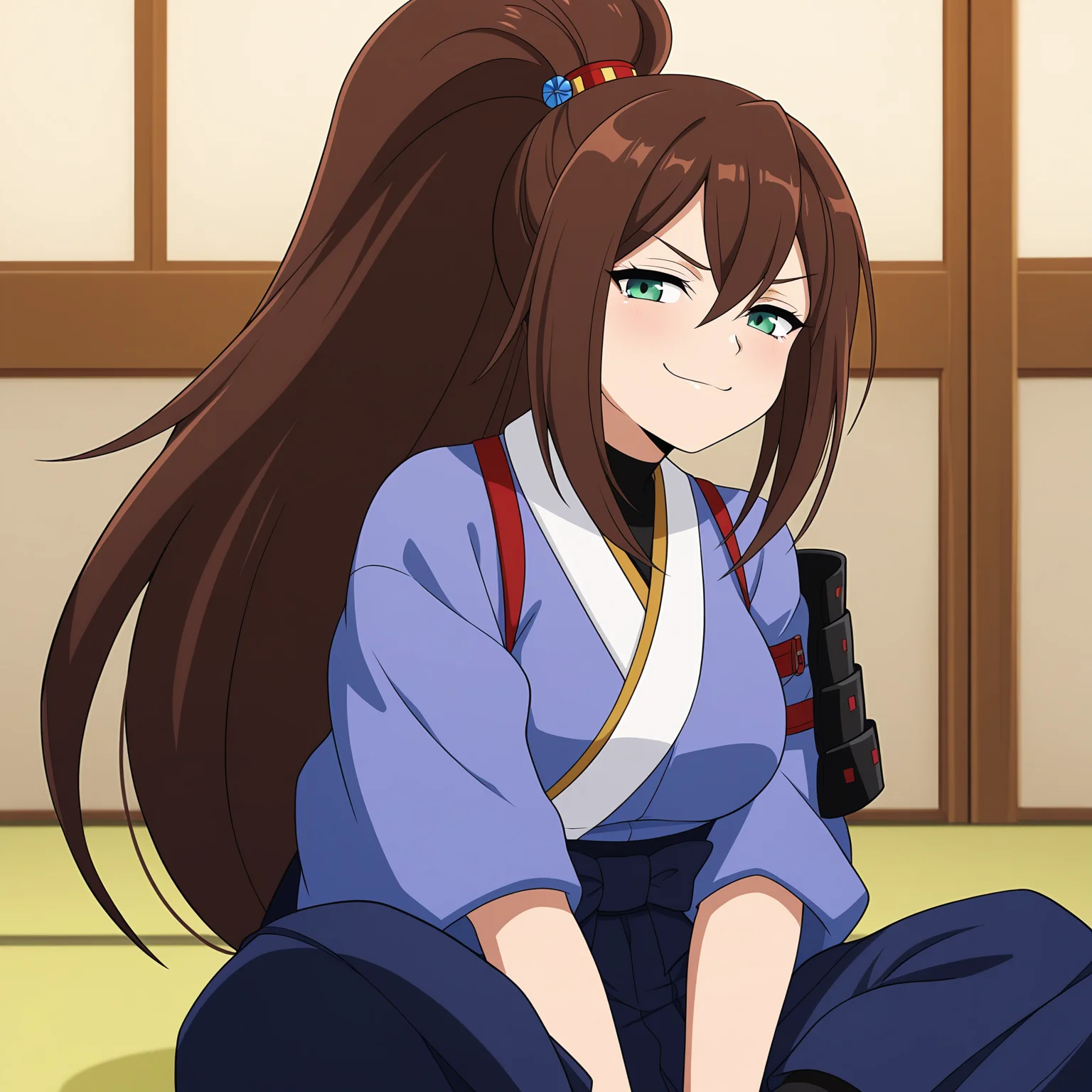 masterpiece, best quality, amazing quality, anime screencap, 1girl, solo, indian style, cowboy shot, looking at viewer, smug, <lora:IrisAnotherMMXD:0.9>, IrisAnotherMMXD, brown hair, ponytail, high ponytail, wide ponytail, hair ornament, green eyes, kimono, hakama, japanese armor,