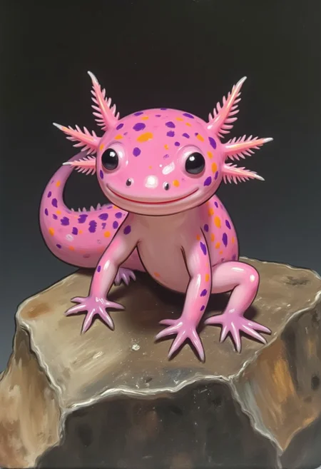 CINNAPAINT, A tiny, adorable pink axolotl perched on a weathered stone,
