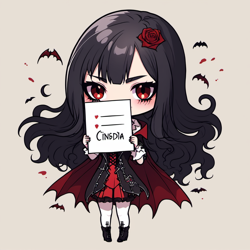<lora:chibi_anime:1>One Vampires girl held a blank piece of paper with Cinsdia written on it