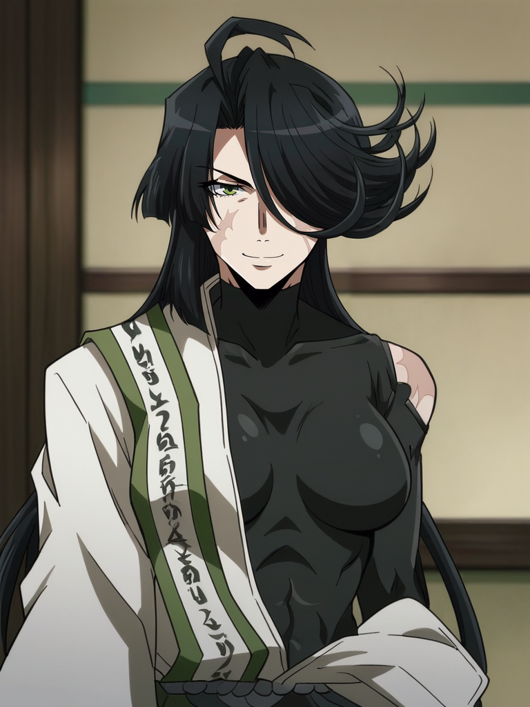 <lora:Sanzou_Sharak-Saiyuuki_Reload_Blast:0.8>,Sharak,1girl,black hair,long hair,scar on face,hair over one eye,green eyes,breasts,bodysuit,japanese clothes,upper body,smile,looking at viewer