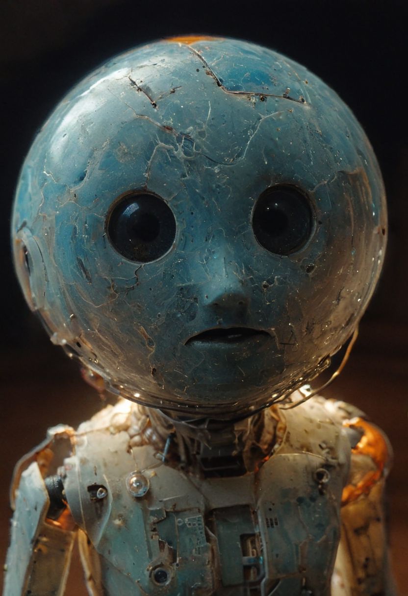 Capture the intricate perfection of an bot in an extreme close-up: its plastic and synthetic substance, angular face reveals detailed high-tech parts exposing translucent circuit boards, light-wires, and circuits delicately shimmering. The deep eye sockets resemble translucent bright blue/orange and luminous galaxy colored suns, infinitely deep and interesting. deep dark background, illuminated from within,
atmospheric haze, Film grain, cinematic film still, shallow depth of field, highly detailed, high budget, cinemascope, moody, epic, OverallDetail, gorgeous, 2000s vintage RAW photo, photorealistic, candid camera, color graded cinematic, eye catchlights, atmospheric lighting, skin pores, imperfections, natural, shallow dof
