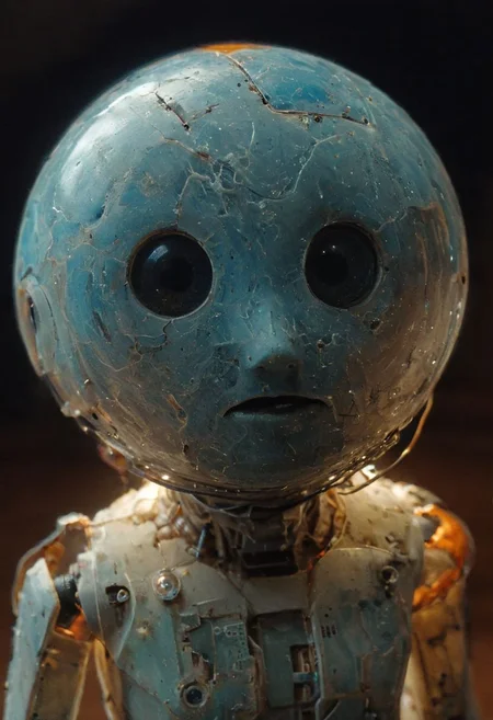 Capture the intricate perfection of an bot in an extreme close-up: its plastic and synthetic substance, angular face reveals detailed high-tech parts exposing translucent circuit boards, light-wires, and circuits delicately shimmering. The deep eye sockets resemble translucent bright blue/orange and luminous galaxy colored suns, infinitely deep and interesting. deep dark background, illuminated from within,
atmospheric haze, Film grain, cinematic film still, shallow depth of field, highly detailed, high budget, cinemascope, moody, epic, OverallDetail, gorgeous, 2000s vintage RAW photo, photorealistic, candid camera, color graded cinematic, eye catchlights, atmospheric lighting, skin pores, imperfections, natural, shallow dof