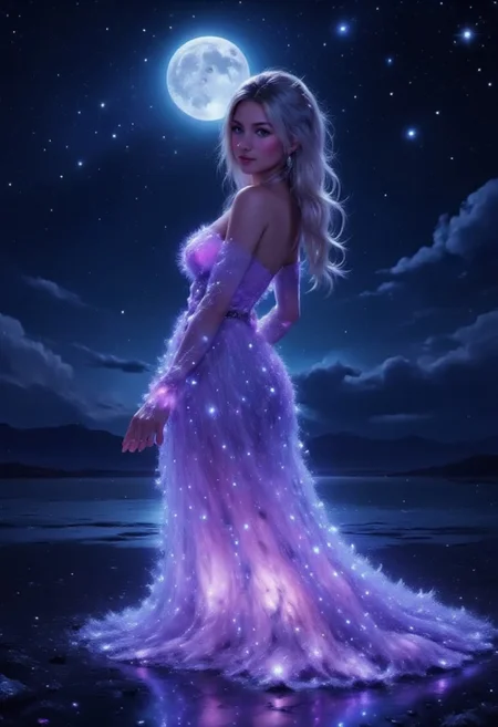 8k HDR RAW photo of a woman wearing a bioluminescence mlkwglx long flowing dress, at the beach, she have white hair and glowing purple eyes, by night, moonlight, detailmaximizer