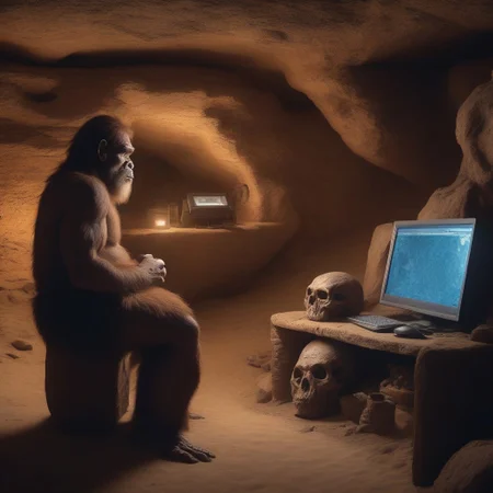 homo erectus, prehistoric ancient man watching computer in his cave home, BCE, 4k best quality, Centered, detailed, sharp focus, amazing composition, 12k resolution, computer error