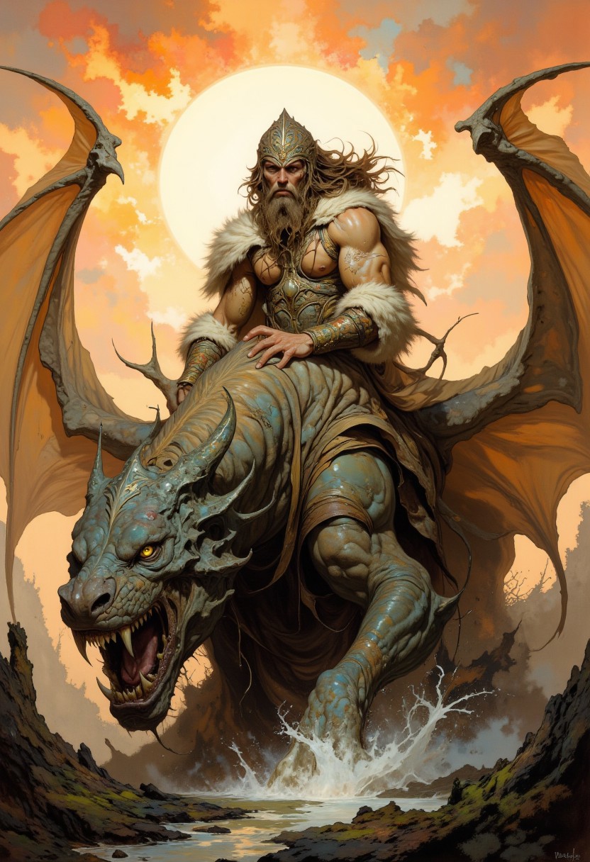 score_9, score_8_up, score_7_up, 8k high quality digital painting, masterpiece, very detailed, ultra realistic, (best quality) very detailed epic masterpiece, boris vallejo style, frank frazetta style, realistic oil painting, retro artstyle, full body, side view, backlight, we see a primeval muscular cave-man in fur clothing riding on a dragon-like monster, the monster has long fur hair, sundown, the setting sun casts long shadows, backlight, swampy landscape, fairytale-like, realistic detailed oil painting style Rembrandt style, Vermeer style, heroic fantasy, realistic, realism, full body