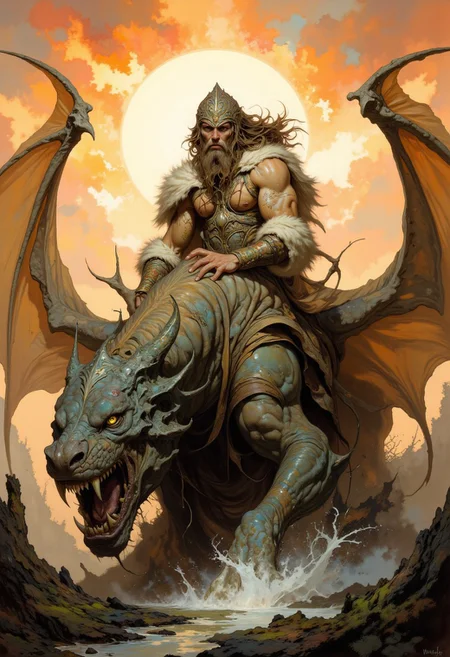 score_9, score_8_up, score_7_up, 8k high quality digital painting, masterpiece, very detailed, ultra realistic, (best quality) very detailed epic masterpiece, boris vallejo style, frank frazetta style, realistic oil painting, retro artstyle, full body, side view, backlight, we see a primeval muscular cave-man in fur clothing riding on a dragon-like monster, the monster has long fur hair, sundown, the setting sun casts long shadows, backlight, swampy landscape, fairytale-like, realistic detailed oil painting style Rembrandt style, Vermeer style, heroic fantasy, realistic, realism, full body
