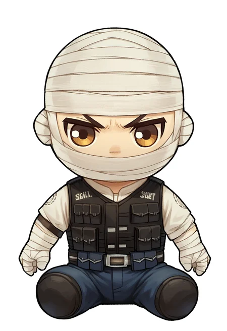 score_9, score_8_up, score_7_up, 1boy, solo, ss-J0shGrm, bandages, bandage headwrap, bandaged hands, bulletproof vest, white shirt, pants, belt,
<lora:Joshua_Graham_OutfitCharacter_-_Fallout_New_Vegas:0.8>, <lora:plushie:1> plushieSDXL,solo,chibi,white background,sitting,