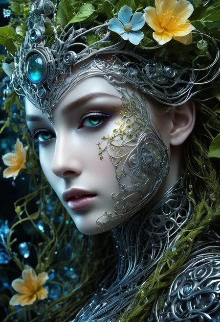 Midjourney, Midjourney style, Super HD, hyperquality, hyper-realistic, Cinematic high quality photo, (different photorealistic portrait masterpiece of a mysterious hybrid creature, a fusion of floral and mechanical) elements, wandering through an enchanted forest of bioluminescent trees and glowing plants. This unique being, with a body covered in lush foliage and intricate gears, has radiant eyes that emit a soft, (gloomy and mesmerizing light). It explores the surreal landscape, a realm where nature and technology coexist harmoniously. Delicate flowers intertwined with polished metal vines form a fascinating, intricate pattern on the creature's skin. High detail, (by Jean Ansell, Josephine Wall, H. R. Giger, and Daniel Lieske),geometric shapes,architectural details, 64k photography,close-up textures, manga, anime, poster