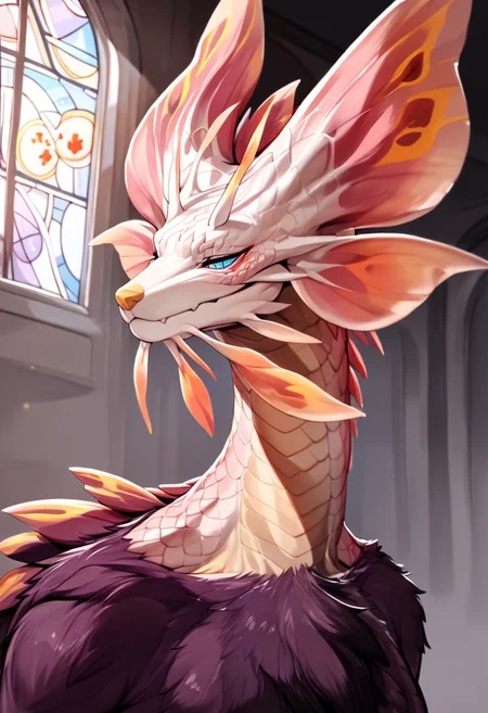 zPDXLscore_9,score_6_up,score_8_up,score_7_up,score_5_up,score_4_up,best quality, <lora:Mizutsune-XL-ADAM-V2-000035>, Violet mizutsune, anthro, dragon, white scales, purple, furry, chest fur tuft, adult, male, solo, detailed tail, halfbody, blue eyes, eye shadow, closed eyes, neutral expression, Stained Glass Portrait