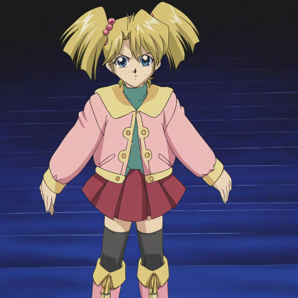 YGORebecHawki, 1girl, Blonde Hair, freckles, blue eyes, RH1, twintails, hair bobbles, pink coat, long sleeves, green turtleneck, red skirt, pleated skirt, zettai ryouiki, black thighhighs, boots, solo, standing
