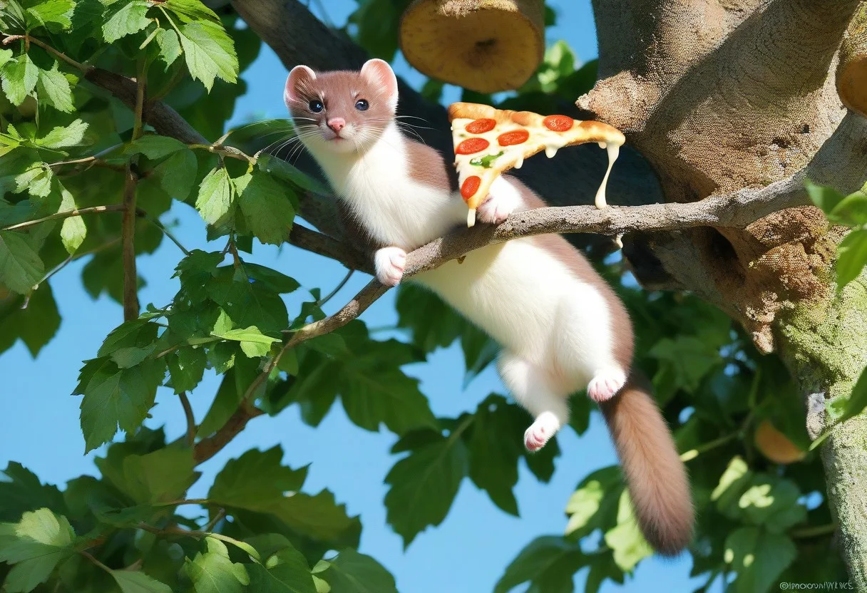 score_9, score_8_up, score_7_up, score_6_up, score_5_up, score_4_up, fur, animal weasel, g5, rich colors, front view, detailed background, detailed, 8k quality, side view, beautiful, teasing, freely actions, small, sausage tree, flying pizza like a cacomistle, pizza,