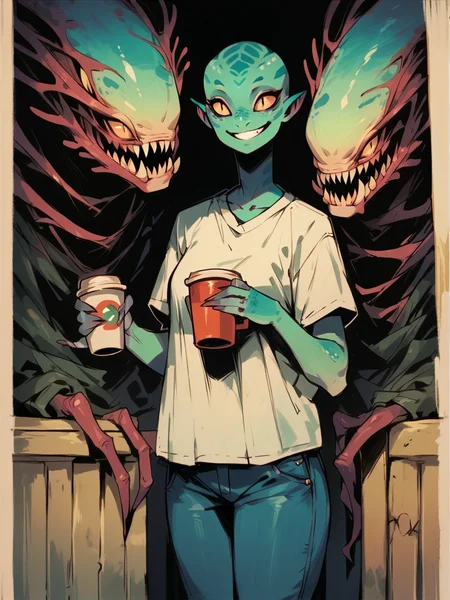 score_9, score_8_up, score_7_up, score_6_up, monster, smile, <lora:cr33pp41ntXLP:1> cr33pp41nt, dark, curvy, t-shirt, jeans, monster, holding cup, alien