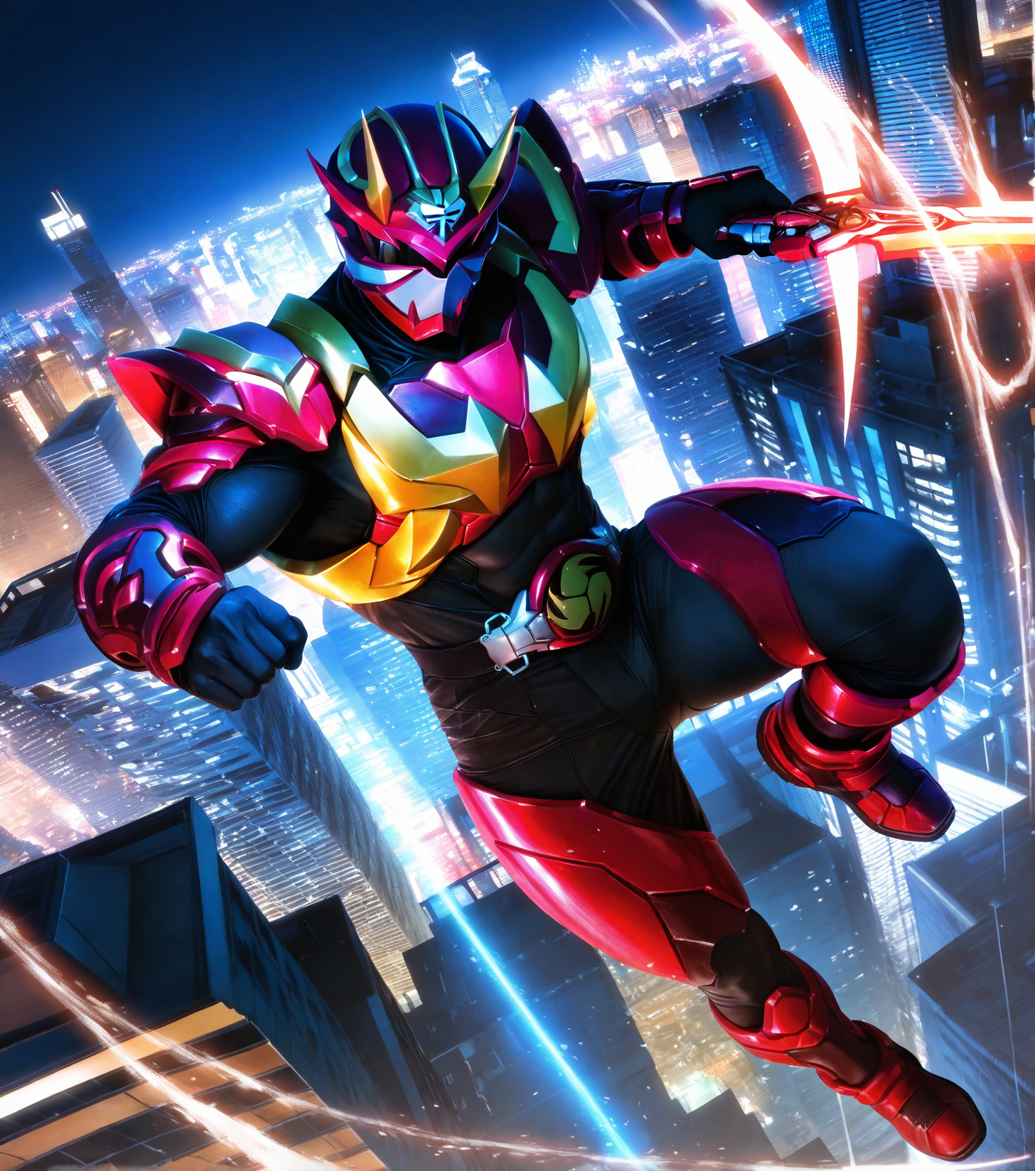 realistic shading,looking at viewer,<lora:Hibiki:0.7>,1boy,armor,helmet,male focus,solo,Hibiki,manly,dynamic angle,realistic,manly,masterpiece,best quality,imposing,dynamic angle,intricately detailed illustration,masterpiece,best quality,amazing quality,very aesthetic,absurdres,newest,full body,city,night,outdoors,, score _9,score_8_up, score_7_up,source_anime,rating_explicit,