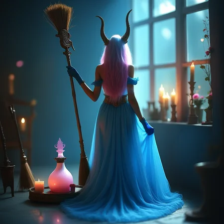 circlet, window, cup, makeup, dress, bokeh, mirror, broom, facing away, horns, bare shoulders, blue nails, white rose, full body, belt, candle, cleavage, princess, holding, pink dress, blue dress, elf, dark-skinned female, gloves, very long hair, instrument